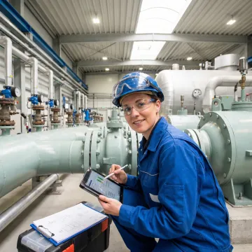 Inspection technician reviewing industrial equipment with digital tablet and testing instruments