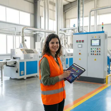 Engineer reviewing industrial inspection data on tablet in manufacturing plant