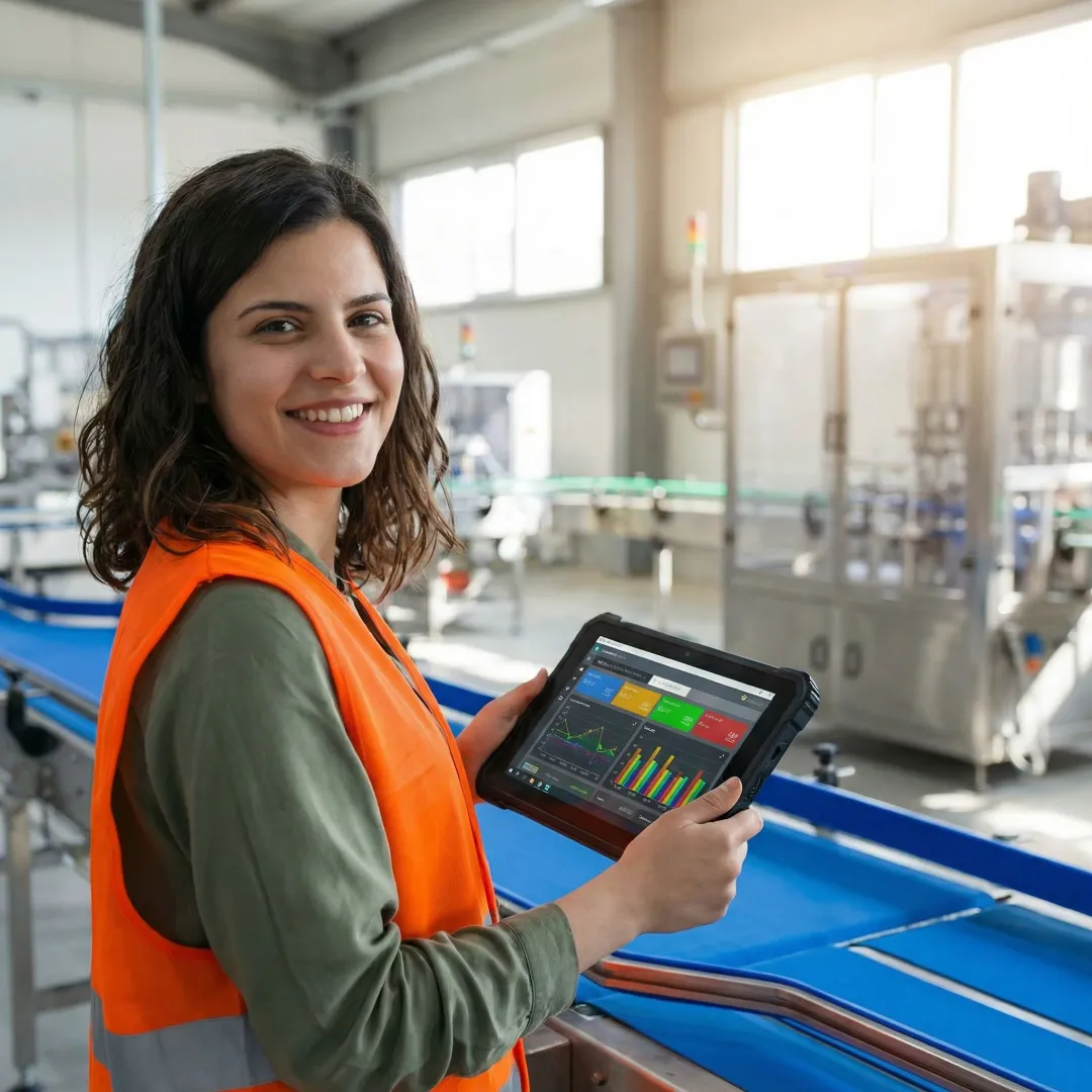 Industrial inspection specialist reviewing detailed equipment diagnostics on tablet