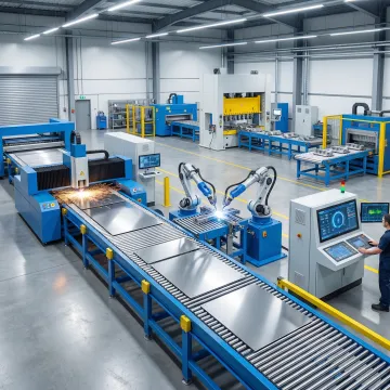 Advanced automated metal processing facility with robotic systems and control panels