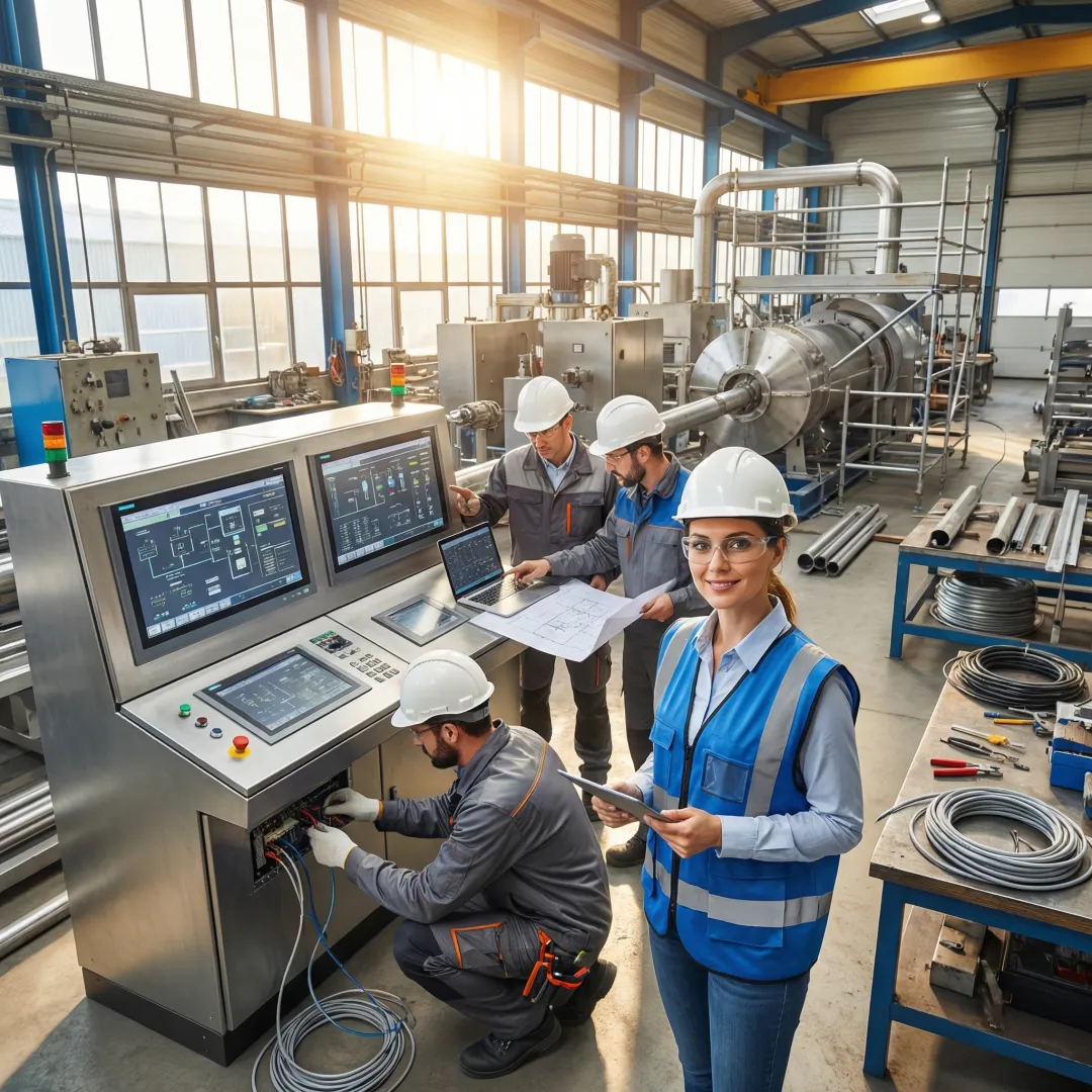 Engineers implementing automation systems in metal manufacturing facility