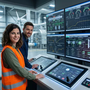 Advanced power plant control room with multiple monitoring screens displaying real-time automation data