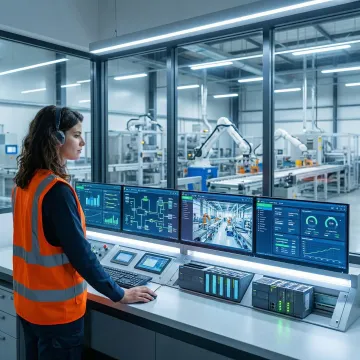 Advanced industrial control panel with HMI displays monitoring automated manufacturing processes