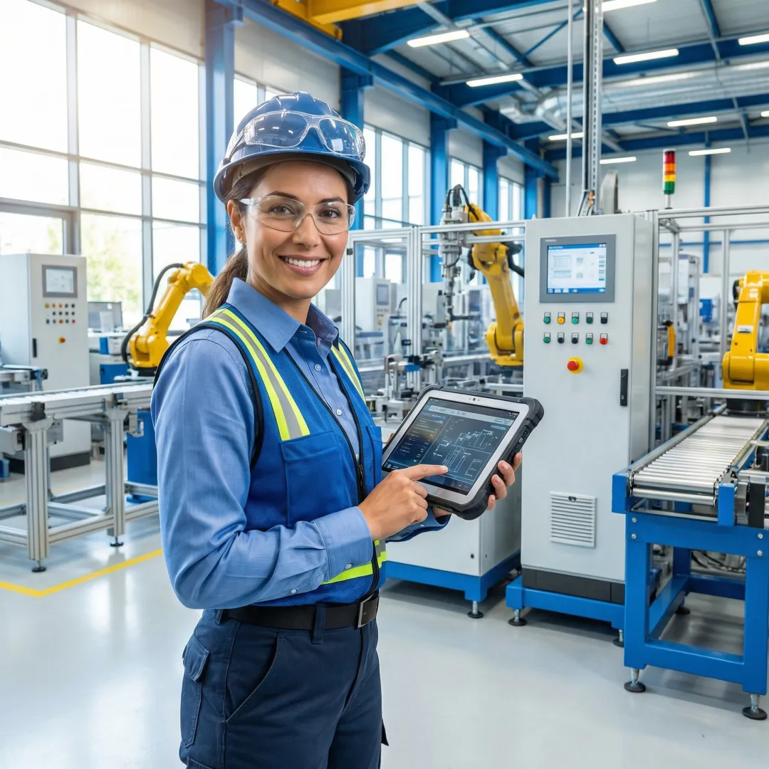 Industrial engineer performing diagnostic analysis on manufacturing equipment