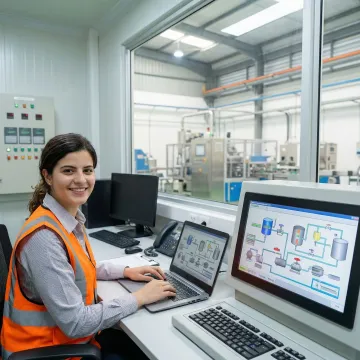 Engineer programming industrial control system with PLC and HMI interface