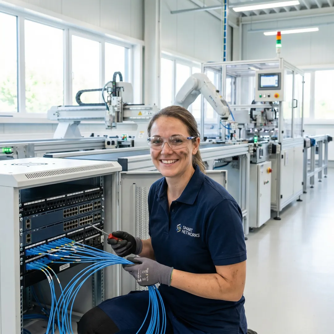 Engineer configuring industrial network communication system with connected equipment