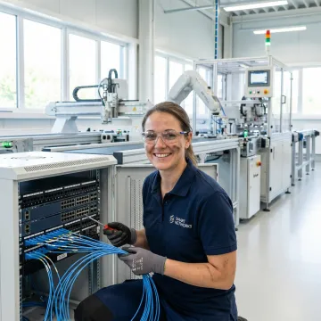 Engineer configuring industrial network communication system with connected equipment