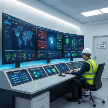 Industrial control room with secure network monitoring displays and cybersecurity infrastructure