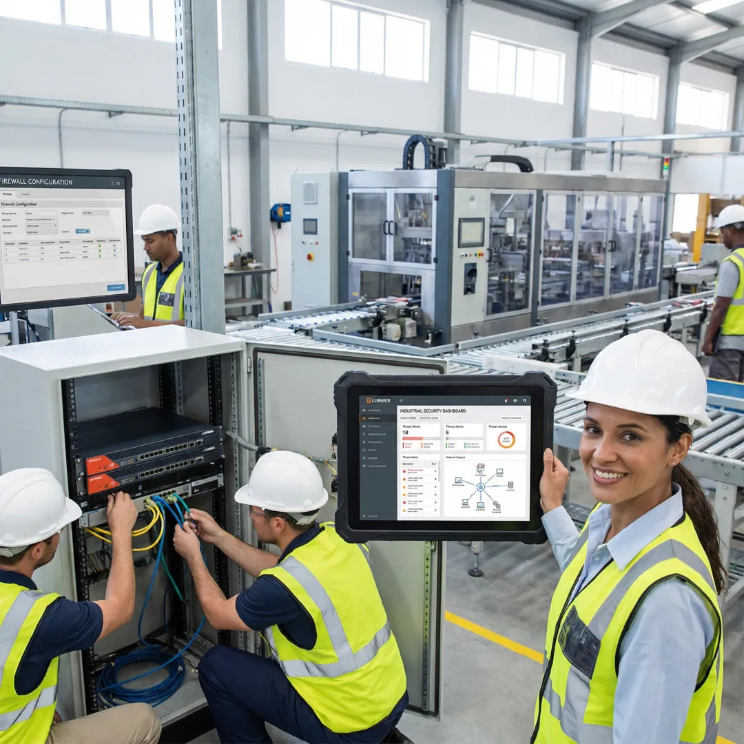 Engineers implementing industrial network security solutions in manufacturing facility