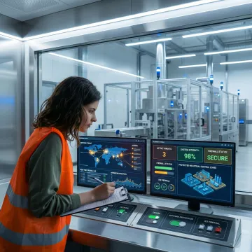 Industrial control room with cybersecurity monitoring systems protecting manufacturing network infrastructure