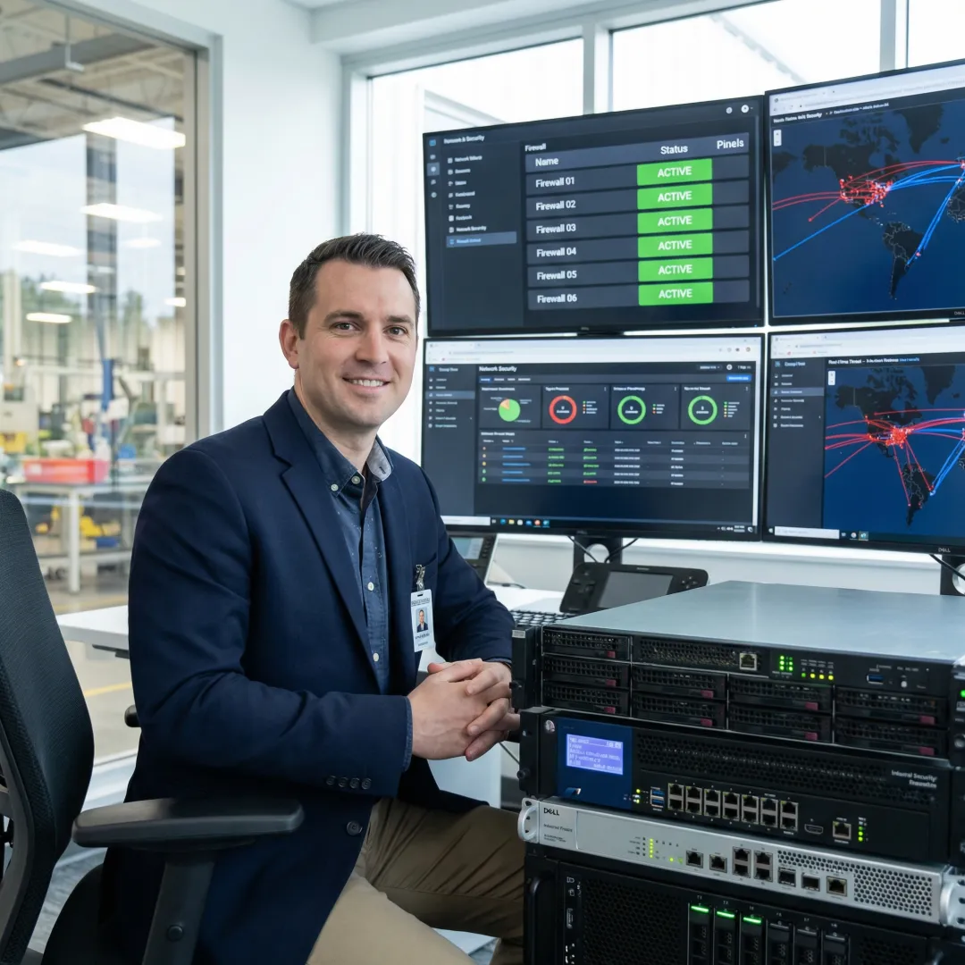 Cybersecurity engineer implementing industrial network security protocols in manufacturing facility
