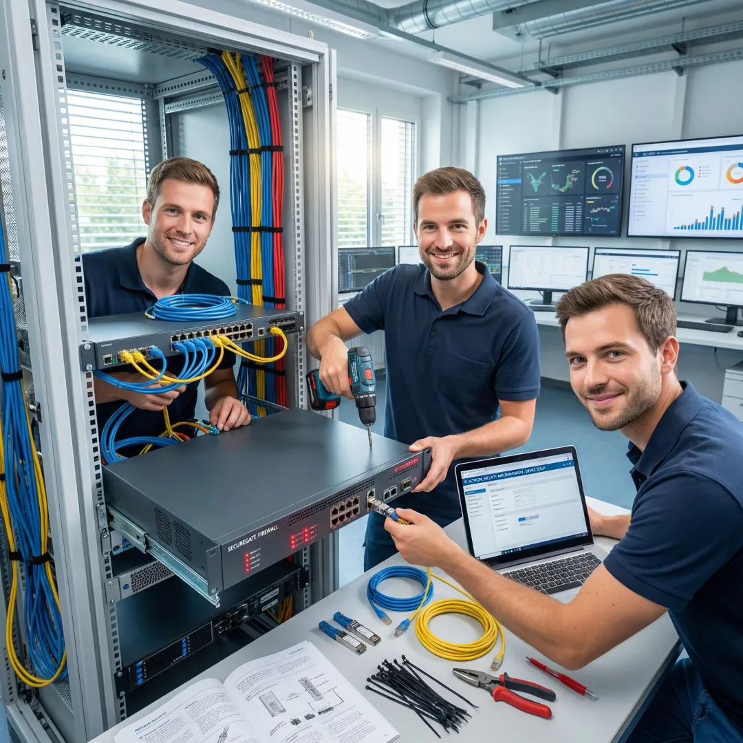 Engineers implementing industrial cybersecurity solutions in manufacturing facility