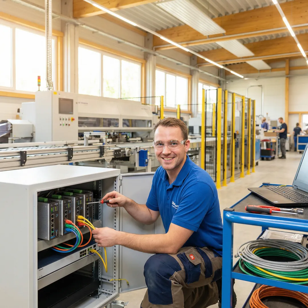 Engineer configuring industrial network equipment in manufacturing facility