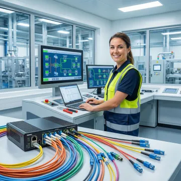 Engineer configuring industrial network switch in control room
