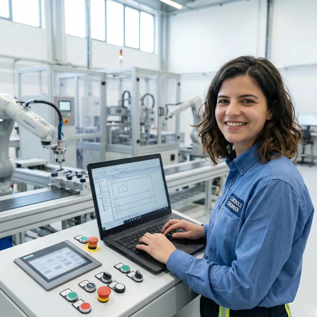 Industrial engineer programming PLC control system in manufacturing facility