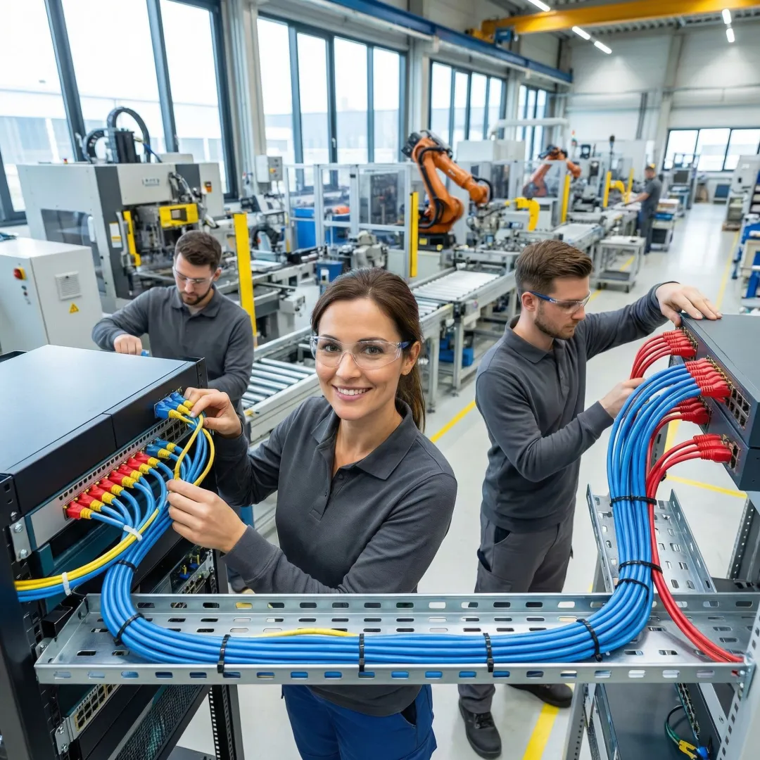 Engineers implementing industrial network infrastructure in a manufacturing plant