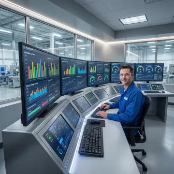 Network control room showing real-time manufacturing data and system monitoring
