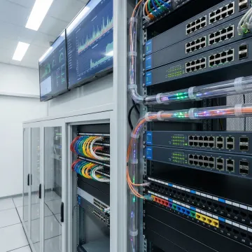 Industrial network infrastructure with ethernet switches and fiber optic connections in manufacturing facility