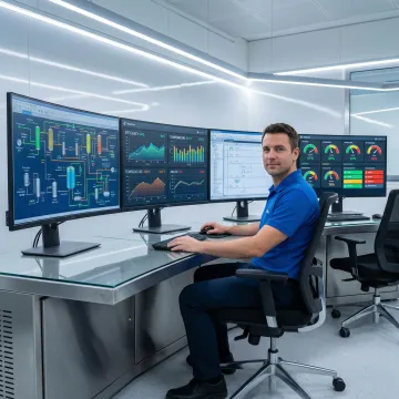 Advanced industrial automation control panel with digital displays and operator interface in modern Alabama manufacturing facility