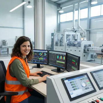 Advanced industrial automation control room with PLC systems monitoring Florida manufacturing facility