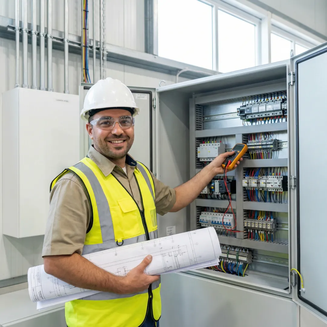Industrial electrician reviewing wiring plans and testing electrical panel installation