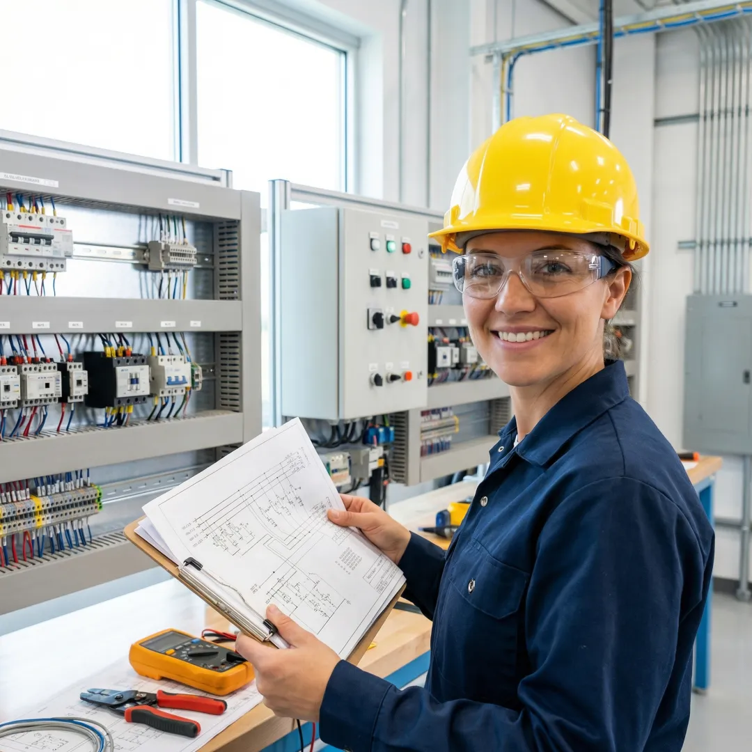 Industrial electrician reviewing wiring schematics and installation plans at manufacturing site
