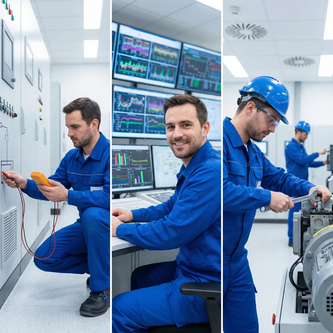 Industrial diagnostic process workflow showing equipment testing and analysis steps