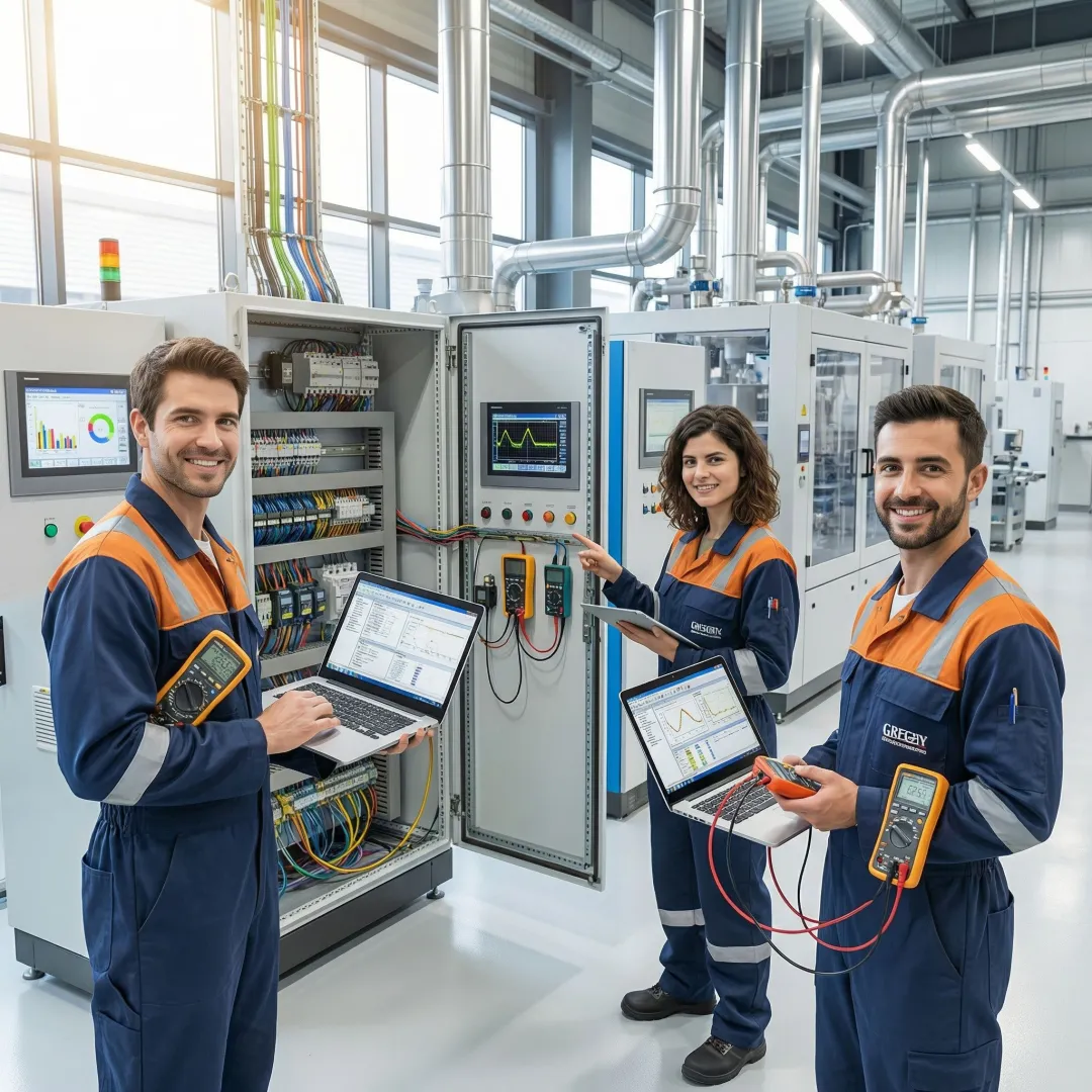 Engineering team conducting diagnostic analysis on industrial equipment