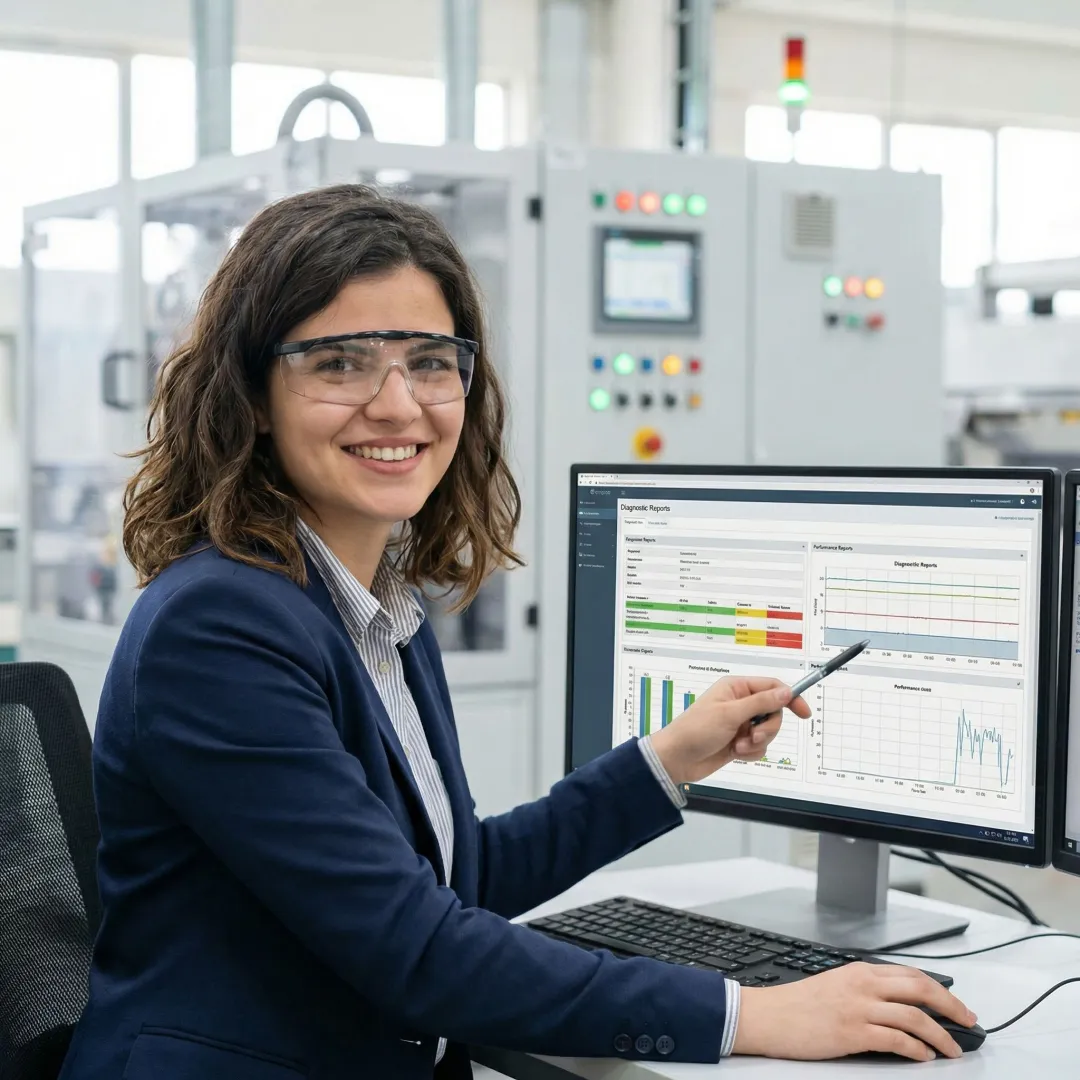 Engineer reviewing diagnostic data on laptop in industrial setting