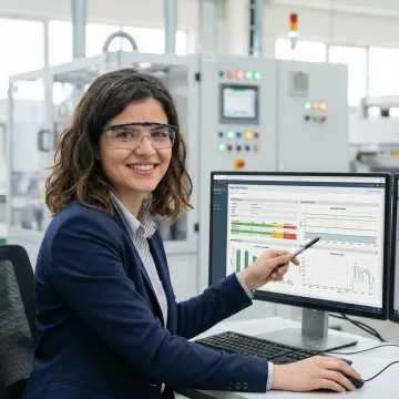 Engineer reviewing diagnostic data on laptop in industrial setting