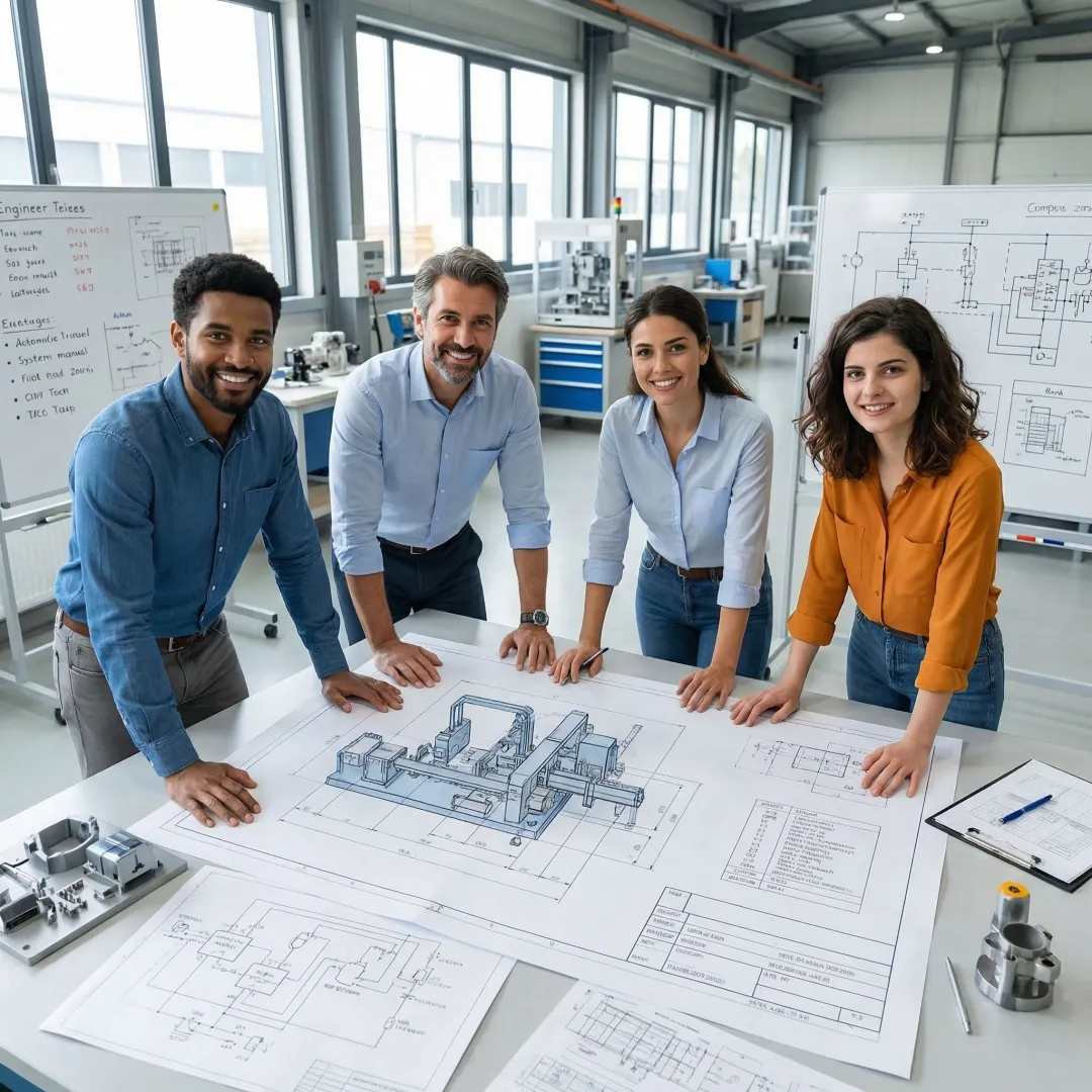 Engineering team reviewing industrial automation design blueprints and technical drawings
