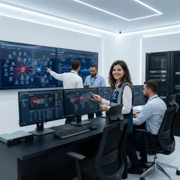 Industrial control room with cybersecurity monitoring displays showing SCADA system protection