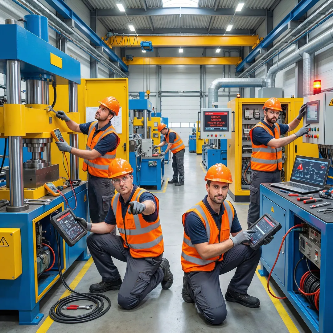 Industrial maintenance team performing emergency diagnostics on manufacturing equipment