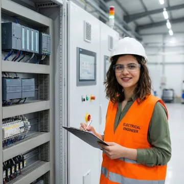 Industrial electrical engineer working on control panel with automation equipment