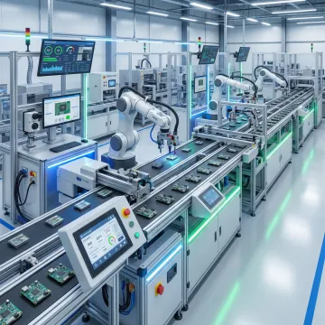 Advanced automated assembly line with robotic arms and conveyor systems in modern manufacturing facility