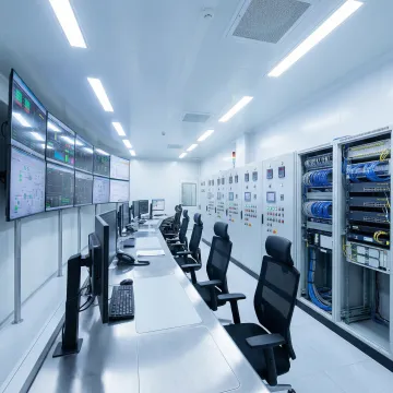 Modern industrial control room with automation systems and monitoring displays