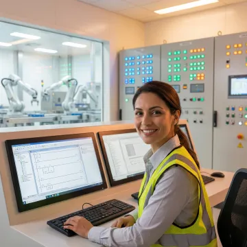 Industrial engineer programming PLC control panel in manufacturing facility