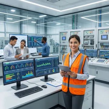 Modern industrial automation control room with engineers monitoring manufacturing processes