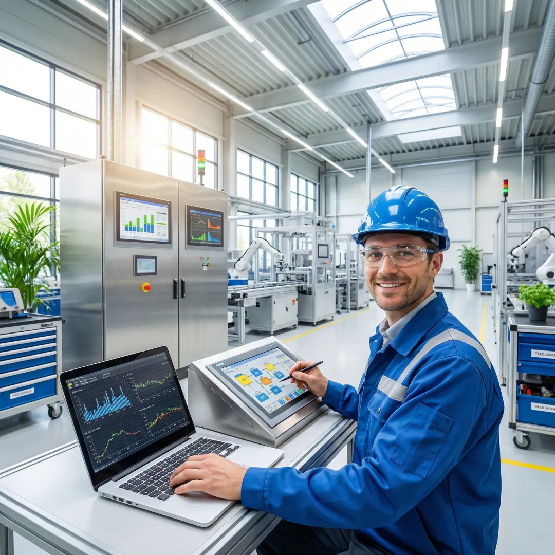 Engineer programming industrial automation system on laptop in manufacturing facility