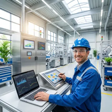 Engineer programming industrial automation system on laptop in manufacturing facility