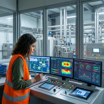 Industrial control room with advanced process control systems and monitoring equipment