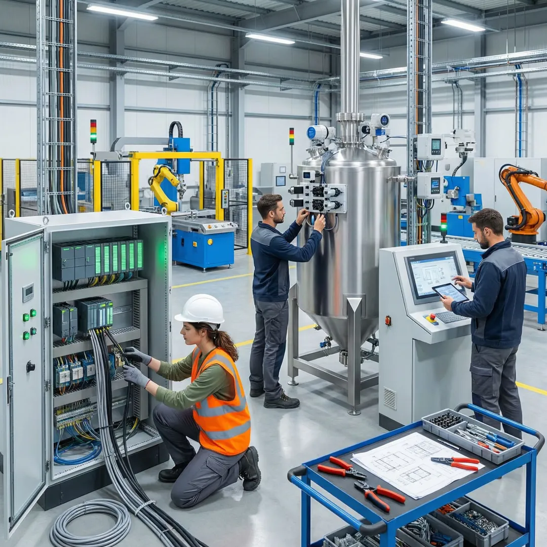 Engineers implementing industrial automation systems in manufacturing facility
