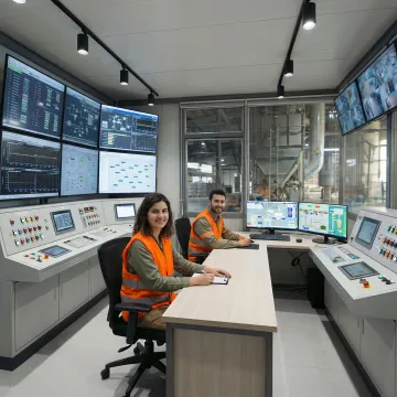 Advanced control room with DCS monitoring systems and PLC automation equipment for industrial manufacturing