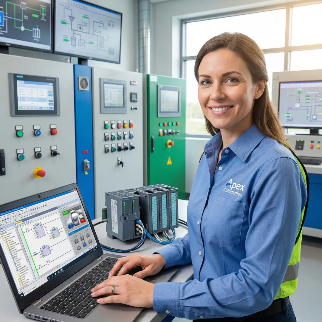 Industrial engineer programming PLC control system with laptop in manufacturing facility