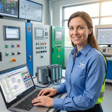 Industrial engineer programming PLC control system with laptop in manufacturing facility