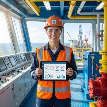Engineer reviewing offshore platform inspection data and control system diagnostics