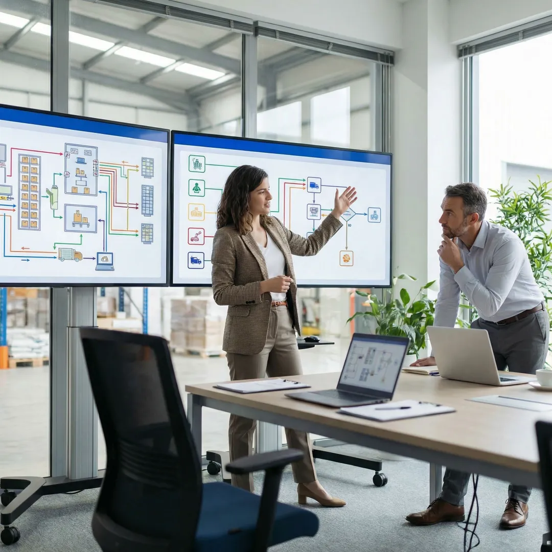 Warehouse automation consultant reviewing system blueprints with client