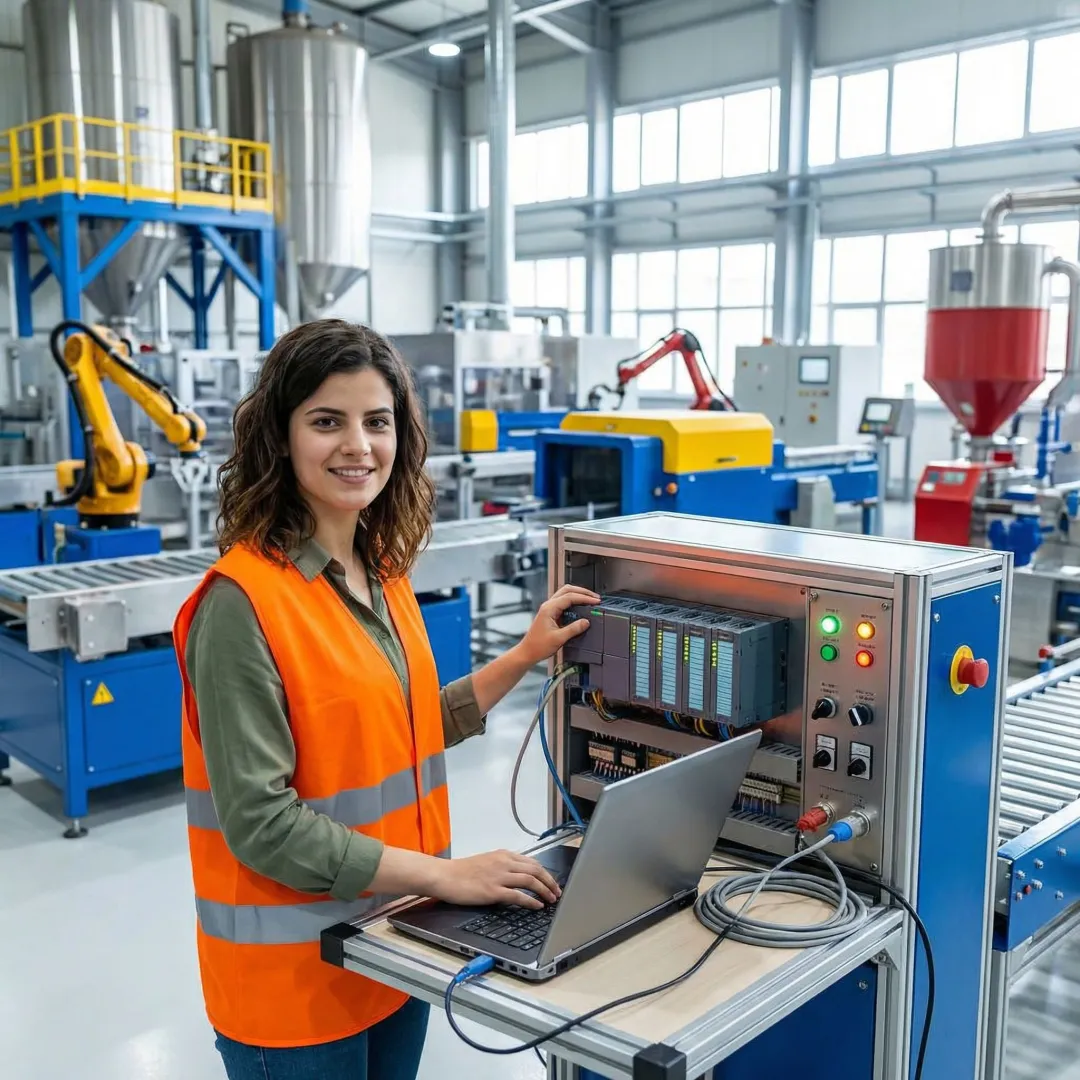 Engineer configuring industrial PLC control panel with laptop displaying automation programming interface