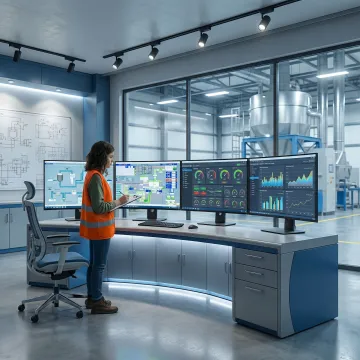 Advanced industrial control room with multiple monitors displaying process automation data and control panels