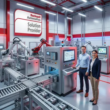 Modern factory automation system with robotic arms and control panels in Georgia manufacturing facility